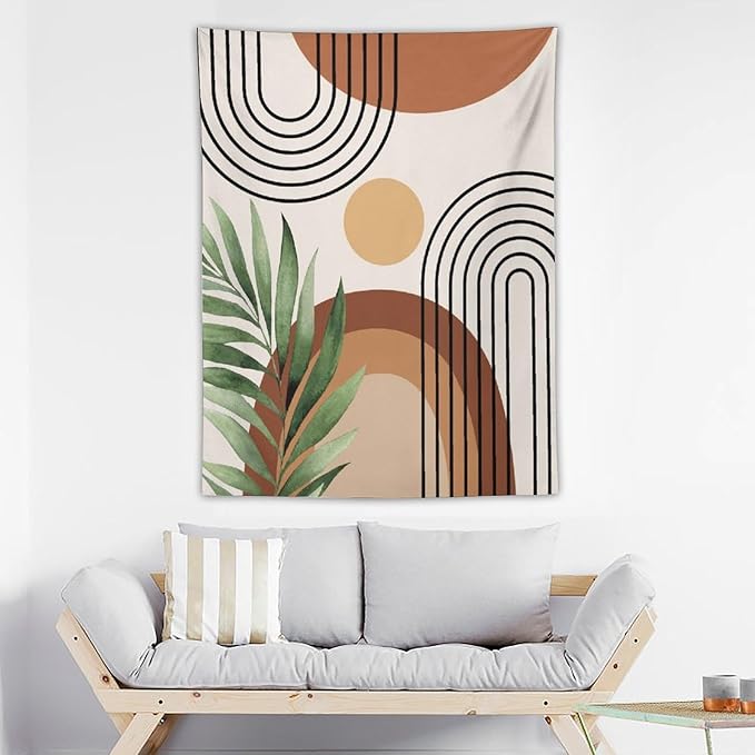 Abstract Bohemian Mid Century Tapestry, Tropical Leaves Modern Geometric Archway Minimalist Bohemian Botanical Aesthetic Wall Hanging, Sage Green Gold Home Decor Art for Bedroom 50x60 Inch-Ruum Studio Home