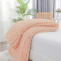 Bigacogo Chunky Knit Throw Blanket for Couch, 40x40 inches, 100% Hand Knitted with Thick Jumbo Chenille Yarn, Cozy Soft Large Rope Knot Cable Crochet Blankets for Sofa Bed Living Room, Peach Fuzz-Ruum Studio Home