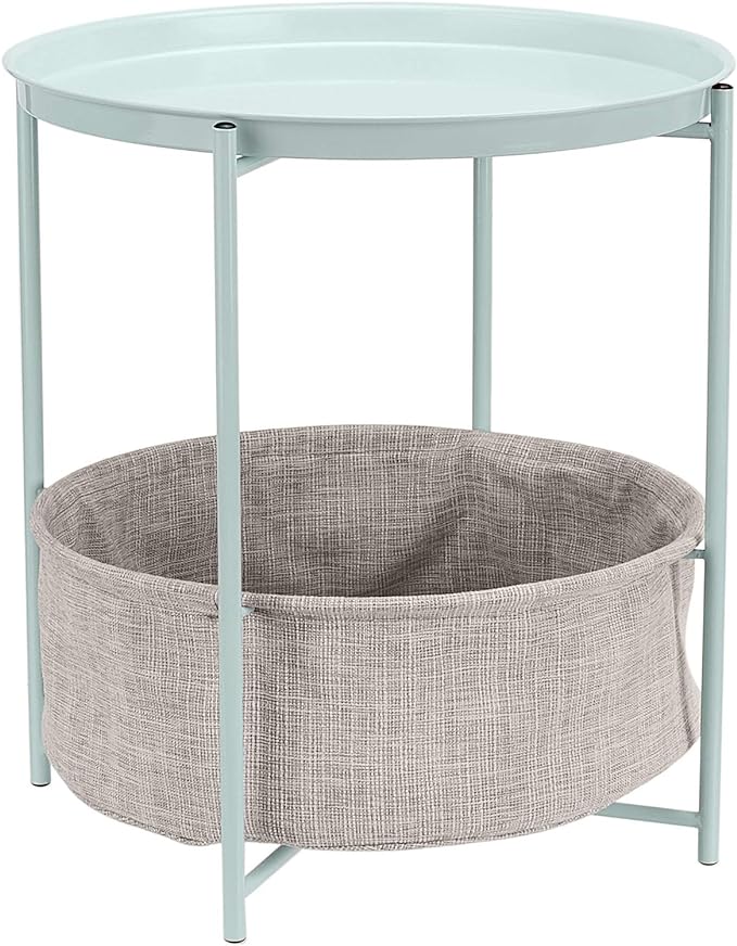 Amazon Basics Round Storage End Table, Side Table with Cloth Basket, Mint Green/Heather Gray, 18 in x 18 in x 19 in-Ruum Studio Home