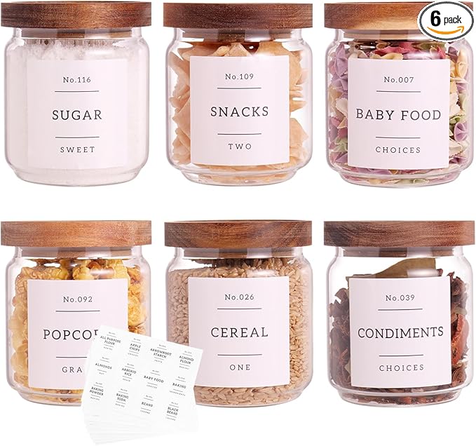 6 Set Glass Pantry Storage Jars with Acacia Airtight Lid - 15oz Thicken Glass Kitchen Canisters with 132 Pantry Labels - Clear Glass Food Storage Containers with Wood Lid for Tea,Sugar,Spice,herbs-Ruum Studio Home