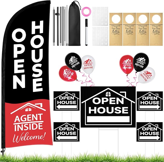44 Pcs Open House Signs for Real Estate, Double Sided Open House Flag Kit, 7.6 x 5.4 Ft Black Banner Flag Poles Set for Outside, Directional Arrows Sign Stakes Balloons for Open House Supplies-Ruum Studio Home