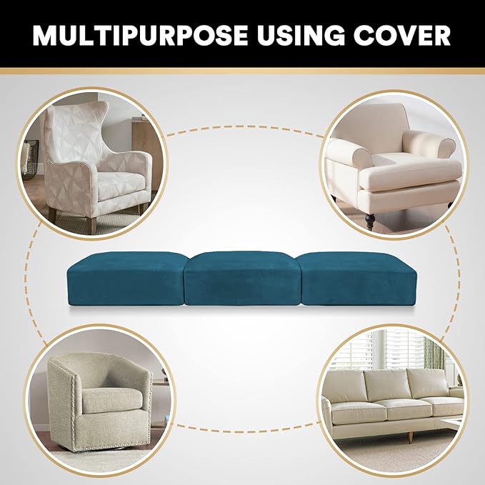 PrinceDeco Stretch Sofa Cushion Covers for Couches and Sofas,Soft Velvet Couch Seat Covers, Sofa Covers Washable, Seat Cushion Cover for 3 Couch Sofa Pet Friendly - Deep Teal, Each Width Up to 29.5"-Ruum Studio Home