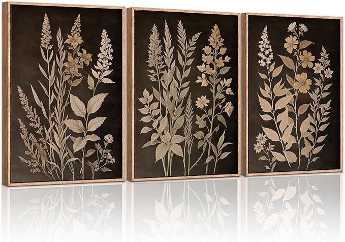 HLNIUC Vintage Botanical Fern Framed Canvas Wall Art Set,Black and Tan Plant Leaf Wall Decor,Netural Minimalist Herb Floral Art Print,Modern Farmhouse Wall Painting for Living Room,Bedroom - 16”x24”x3-Ruum Studio Home
