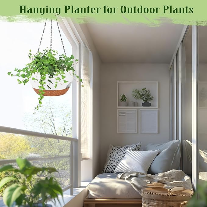 Hanging Planters for Outdoor Indoor Plants, 2 Pack 12 Inch Hanging Basket Plants Outdoor, Self Watering Hanging Planter with Plant Hanger for Garden Home Decoration (2 Type Plant Hangers White)-Ruum Studio Home