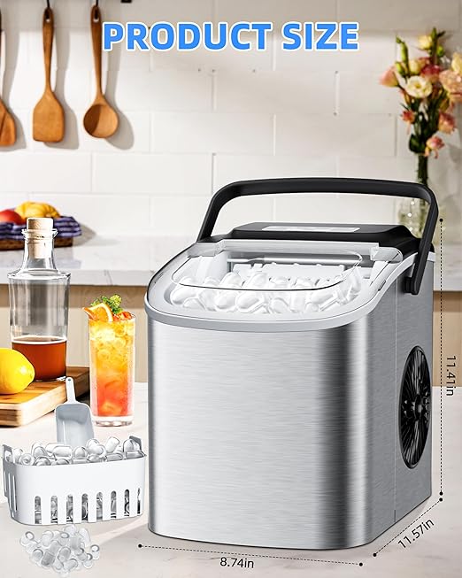 Ice Maker Machine Countertop 26lbs/24H, Portable Quiet Ice Makers Cubes in 9PCS/7Min, Self Cleaning, Ice Maker with Scoop for Kitchen, Home, Party-Ruum Studio Home