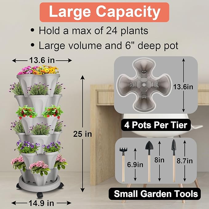 Vertical Planter 6 Tier Stackable Planters Garden Planters Strawberry Herb Flower and Vegetable Planter Indoor Outdoor Gardening Pots with Removable Wheels and Tools-Ruum Studio Home