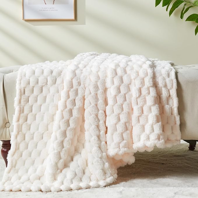 NEWCOSPLAY Super Soft King Blanket Ivory Premium Silky Flannel Fleece 3D Clouds Stylish Jacquard Lightweight Bed Blanket All Season Use 350GSM (Ivory, King(90"x110"))-Ruum Studio Home