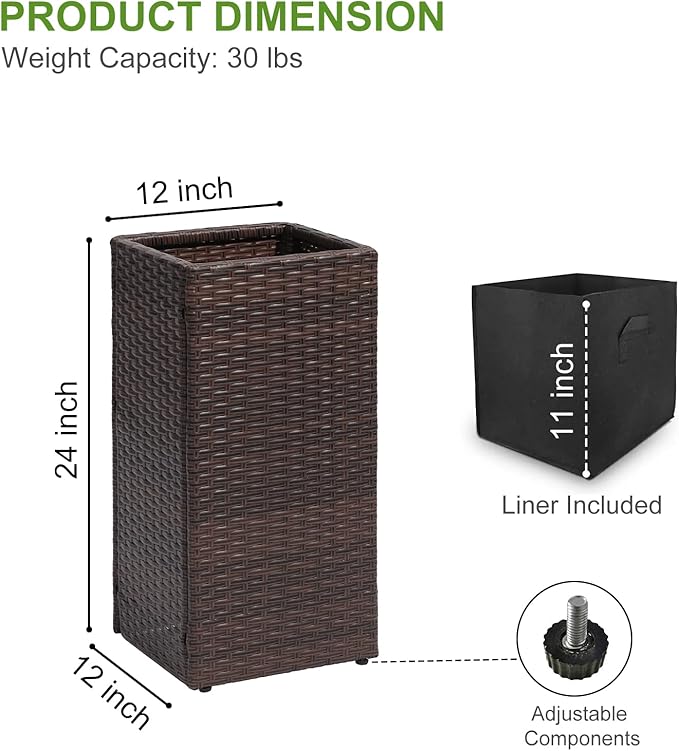 LEWIS&WAYNE Set of 2 Tall Planters for Outdoor Plants Handmade 24'' Wicker Tall Square Planter Box with Removable Liners Modern Planter for Indoor Outdoor Garden Patio Front Porch - Brown-Ruum Studio Home