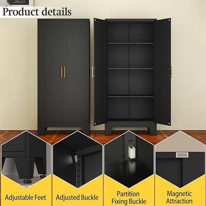 Black Metal Storage Cabinet, 61" Steel Cabinets for Home Office, Kitchen Pantry Storage Cabinet with Doors and 3 Adjustable Shelves, Metal Tool Cabinet, for Office, Home, Garage, School-Ruum Studio Home