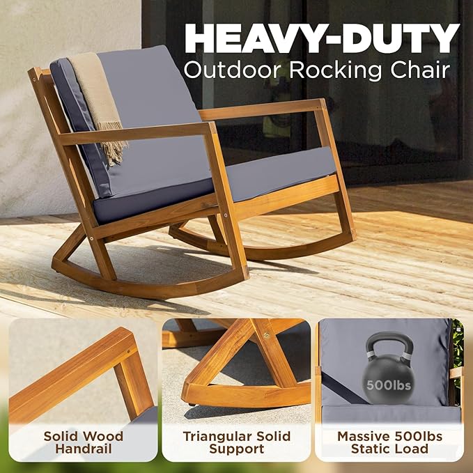IDZO Club Rocking Chair 500lbs Capacity with Inclined Backrest, Thick Foam Cushion, Solid Acacia Wood Rocker for Patio, Backyard, Balcony, Porch, Grey-Ruum Studio Home