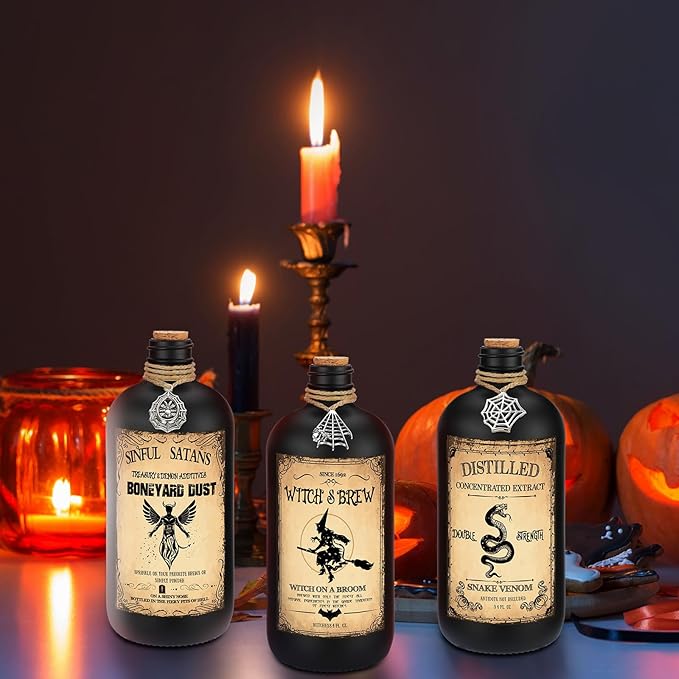 Uiifan 31 Pcs Halloween Potion Bottles Set Including Glass Apothecary Bottles with Cork Stickers and Pendants Halloween Decorations Indoor Party Supplies(Black,16 oz)-Ruum Studio Home