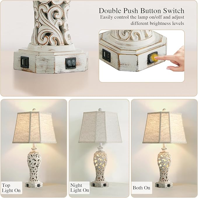 Set of 2 Rustic Table Lamps for Living Room Bedroom, Farmhouse Vintage Nightstand Lamp with 2 USB Ports, Hollow Out Resin Lamp for End Table with Nightlight, Bulbs Included (Wash White)-Ruum Studio Home