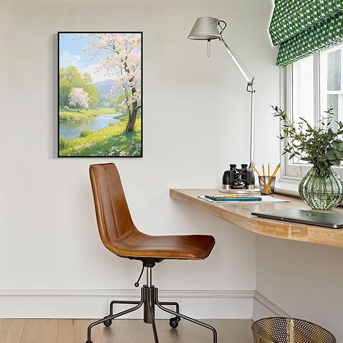 The scenery of a stream between trees and cherry blossoms under the blue sky is suitable for posting in the living room bedroom office landscape posters-Ruum Studio Home