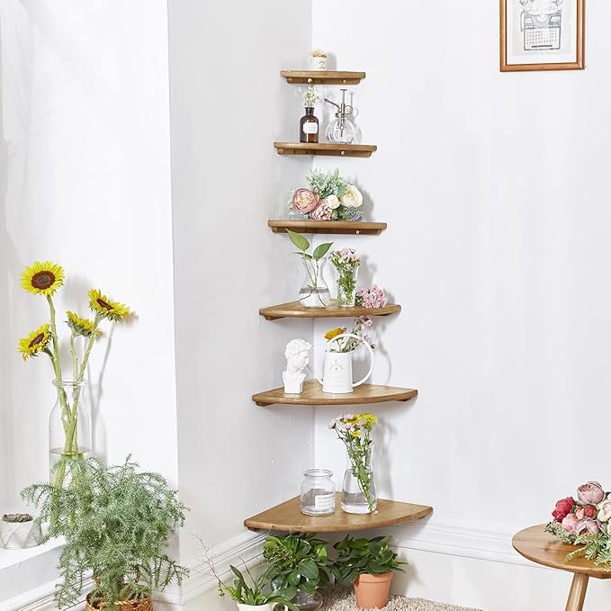 Corner Shelf,16inch Natural Oak Solid Wood Floating Corner Shelves Wall Mount Round End Floating Speaker Rack with Wire Hole for Small Plant for Bedroom Kitchen, Living Room-Ruum Studio Home
