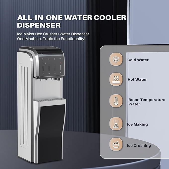 ICEPURE Multi-Function WiFi Water Cooler with Bullet and Crushed/Chewable Ice Maker, 5 Gallon Bottle Bottom Loading, Hot Cold Water Dispenser Built-in Ice Machine Combo, 35lbs/24H, Stainless Steel-Ruum Studio Home