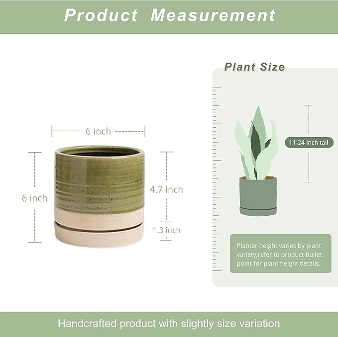 6 Inch Plant Pots, Ceramic Planter Pot with Drainage Hole & Saucer, Indoor/Outdoor Cylinder Round Planter Pot, Green & Beige-Ruum Studio Home