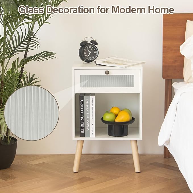 AWASEN White Night Stand, Modern Bedside Table with Glass Storage Drawer and Large Open Shelf, Wood Nightstand Side End Table with Solid Wood Legs for Bedroom, and Small Space, White-Ruum Studio Home