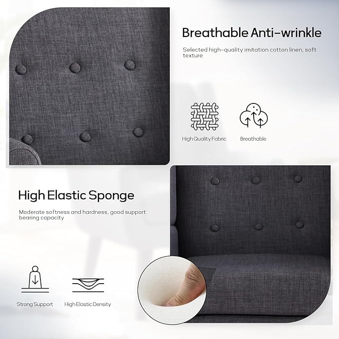 HUIMO Accent Chairs Set of 4, Upholstered Button Tufted Armchair, Linen Fabric Sofa Chairs for Bedroom, Living Room, Mid Century Modern Comfy Reading Chair (4, Grey)-Ruum Studio Home