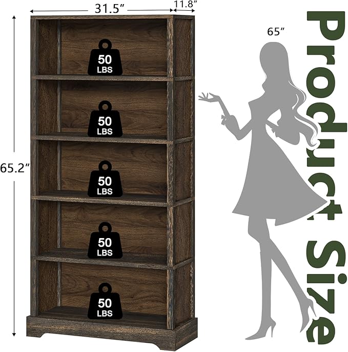 TVU 5-Shelf Wood Bookcase, 65 Inch Tall Bookshelf with Storage, Floor Standing Display Book Shelf, for Living Room Bedroom Study Office, Rustic Brown-Ruum Studio Home