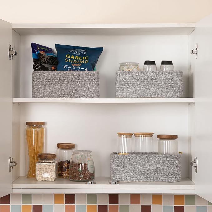 3 Pack Small Storage Baskets for Organizing, Cute Woven Decorative Gift Baskets for Shelves, Mini Closet Organizer Bins with Handles, 11.81''Lx7.87''Wx4.72''H-Grey-Ruum Studio Home