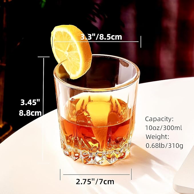 Whiskey Glasses Set of 4,Lead-Free Crystal Old Fashioned Glass,Scotch Glass Tumblers for Drinking Bourbon,Cognac,Irish Whisky,Whisky Glass Gift Set for Men,Dad,Brother-10oz-Ruum Studio Home