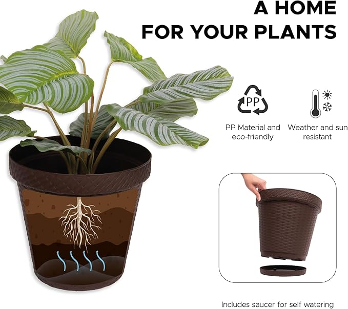 Elly Décor Set of 2 10 inch Round Saucer Modern Self Watering Planter Plates, Pots with Rattan-Like Finish, 10x10 chococlate Brown-Ruum Studio Home