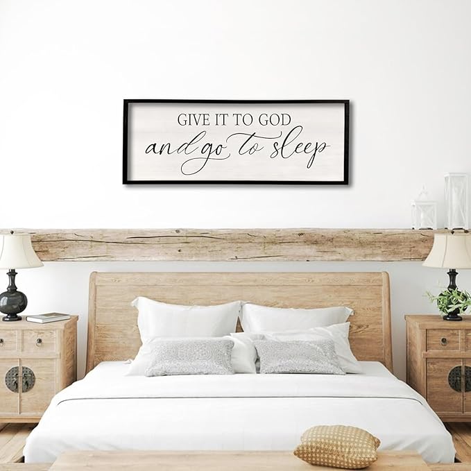 comurdyo Give It To God And Go to Sleep Sign 40''×15'' Master Bedroom Above Bed Wall Decor Wood Framed Couple Large Farmhouse Guest Room Rustic Simple Over Bedside Wall Art Hanging Decor (Black)-Ruum Studio Home