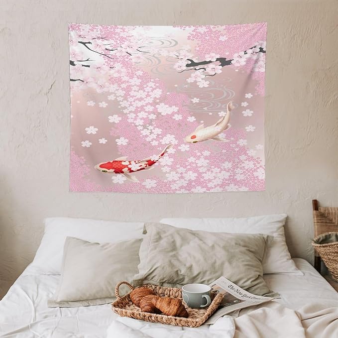 Houselerax Japanese Koi Fish Tapestry, Cherry Blossoms Asian Oriental Pink Flower Branch Koi Fish Carp Tapestries Wall Hanging for Bedroom Living Room Office Decor 60"x50"-Ruum Studio Home