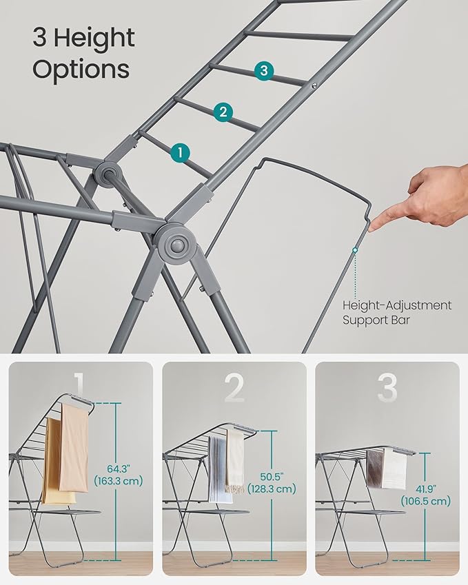 SONGMICS Clothes Drying Rack, Foldable 2-Level Laundry Drying Rack, Free-Standing Laundry Airer, with Height-Adjustable Wings, 33 Drying Rails, Sock Clips, Gray ULLR053G02V1-Ruum Studio Home