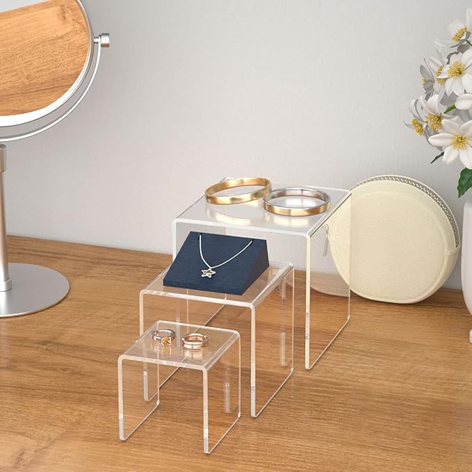 HIIMIEI Clear Acrylic Display Risers 2 Sets, 3-Tier Risers Stands Showcase for Amiibo Funko Pop Figures, Dessert, Jewelry-3"x4"x5"-Ruum Studio Home