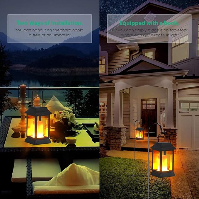 TomCare Solar Lights Metal Flickering Flame Solar Lantern Outdoor Hanging Lanterns Decorative Lighting Heavy Duty Solar Powered Waterproof Umbrella Lighting for Garden Yard Patio Deck, 2 Pack（Black）-Ruum Studio Home