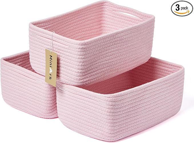 Small Storage Baskets for Organizing | Closet Organizer Bins | Shelf Toy Basket | Woven Rope Baskets | Cube Decorative Box | Shallow Basket | 13x8.5x5.1” | 3 Packs Pink-Ruum Studio Home