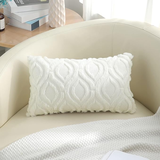 decorUhome Throw Pillow Covers 12x20 Inch Set of 2, Soft Plush Decorative Faux Fur Cream Beige Solid Couch Pillow Covers, Accent Farmhouse Neutral Lumbar Euro Pillow Cases for Sofa Bed Living Room-Ruum Studio Home