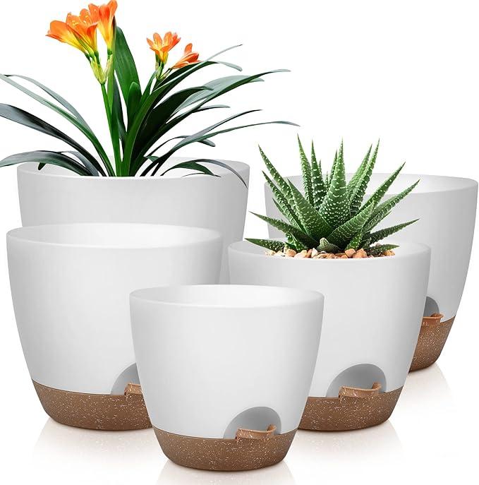 Plant Pots 10/9/8/7.5/7 Inch Self Watering Pots, Set of 5 Plastic Planters with Drainage Holes and Saucers,Plastic Flower Pots,Nursery Planting Pot for Indoor Out Door Plants（White）-Ruum Studio Home