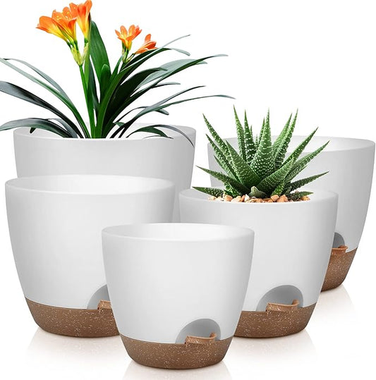 Plant Pots 10/9/8/7.5/7 Inch Self Watering Pots, Set of 5 Plastic Planters with Drainage Holes and Saucers,Plastic Flower Pots,Nursery Planting Pot for Indoor Out Door Plants（White）-Ruum Studio Home