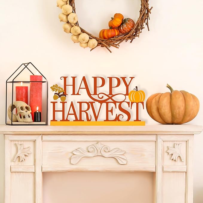 COCHIE Metal Happy Harvest Sign, Orange Fall Decorations for Home, Office, Shelf, Mantel, Indoor, Autumn Pumpkin Decoration, Hello Fall Leave Decor (Harvest)-Ruum Studio Home