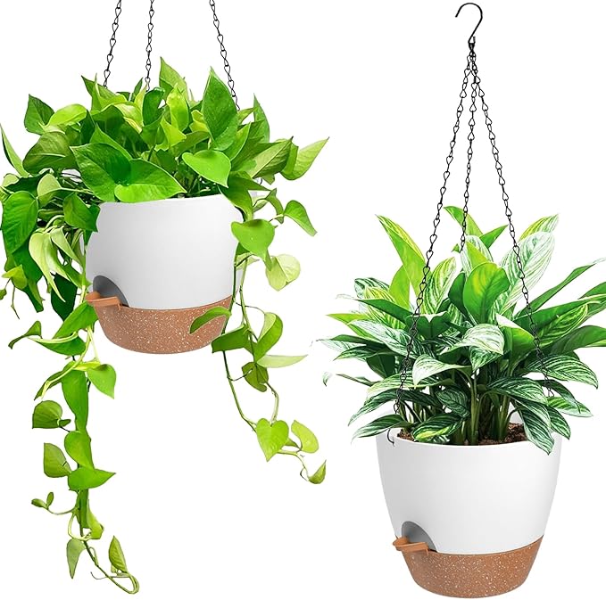 Hanging Planters for Indoor Outdoor Plants, 2 Pack Self Watering Hanging Pot with Drainage Holes & Removable Tray (White, 6'')-Ruum Studio Home