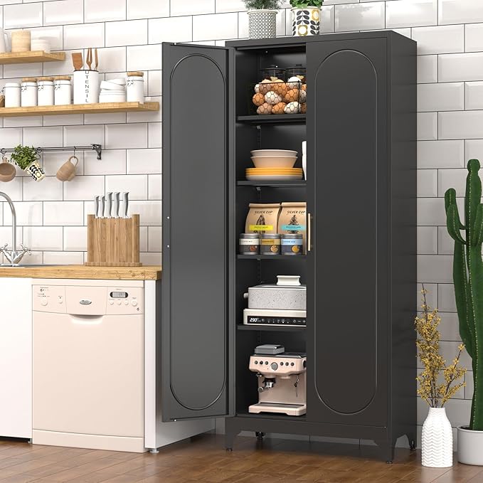 Pantry Cabinet, 75 Inch Tall Kitchen Storage Cabinet, Metal Pantry Cabinets with Doors and Adjustable Shelves, Black Freestanding Food Cupboard for Living, Dinning Room-Assembly Required-Ruum Studio Home