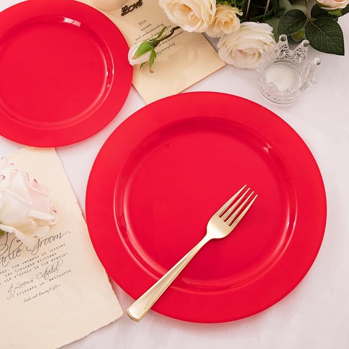 FLOWERCAT 60PCS Red Plastic Plates - Heavy Duty Red Plates Disposable for Party - Include 30PCS 10.25inch and 30PCS 7.5inch for 30 guests Party & Christmas & New Year-Ruum Studio Home