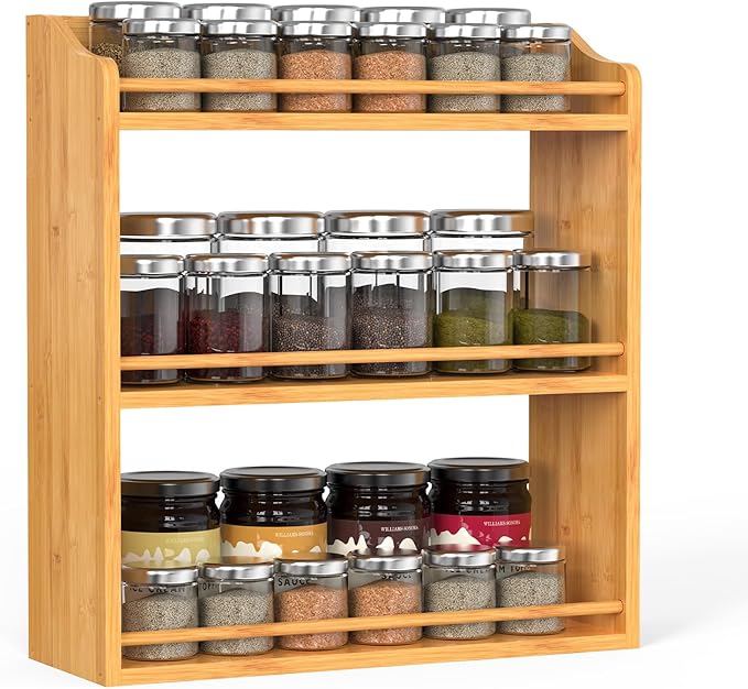 Bamboo Spice Rack Organizer, 3 Tier Spice Jars Shelf for Kitchen Countertop or Wall Mounting-Ruum Studio Home