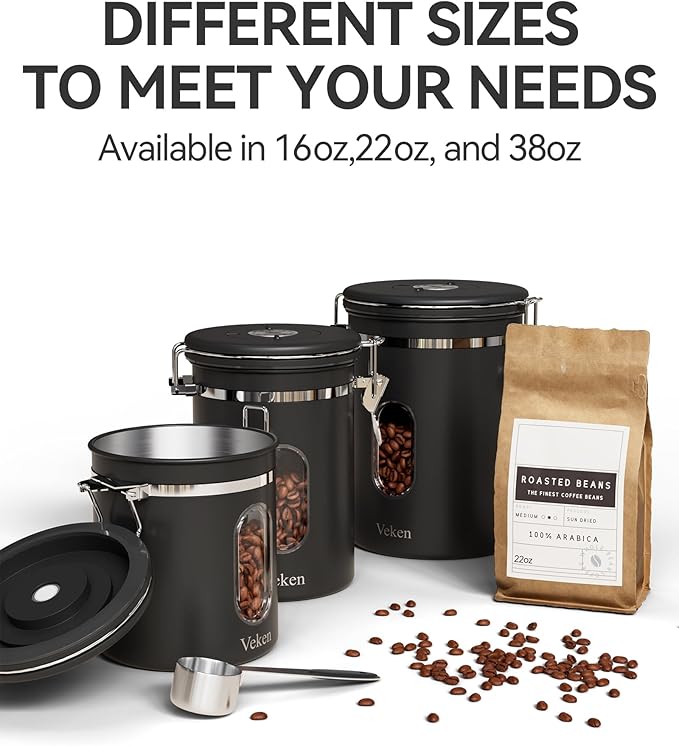 Veken Coffee Canister with Window, Airtight Stainless Steel Kitchen Food Storage Container with Lids, Date Tracker and Scoop for Grounds Coffee, Beans, Tea, Flour, Cereal, Sugar Jars, 16OZ, Black-Ruum Studio Home