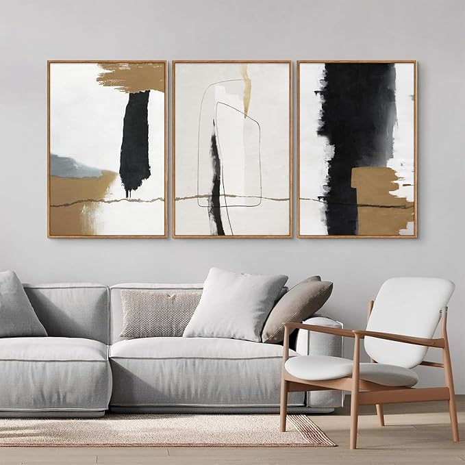 SIGNINART Black and White Abstract Framed Canvas Wall Art Set of 3, Beige Neutral Art Prints, Minimalist Modern Wall Decor for Living Room, Bedroom, Office,Above Couch 16"x24"x3-Ruum Studio Home
