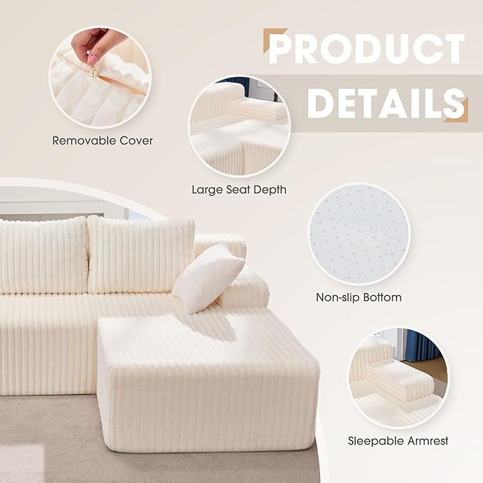 Hobestluk 96“ Modular Sectional Sofa Couches L-Shape Couch 3 Seat Modular Sofa Memory Foam Sectional Couches for Living Room, Cloud Couch with Oversized Chaise (White, Stripe (Right Facing Chaise))-Ruum Studio Home