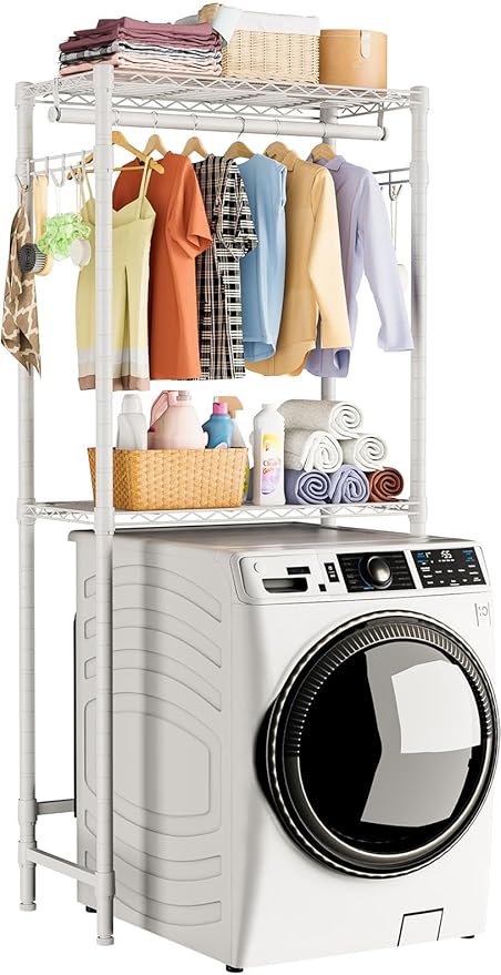 Over Washer and Dryer Shelves,2 Tier Adjustable Height Wire Shelving Laundry Room Storage Organization Clothes Drying Rack with Hanger Rod&Hooks,Space Saving Organizers Shelf,White-Ruum Studio Home