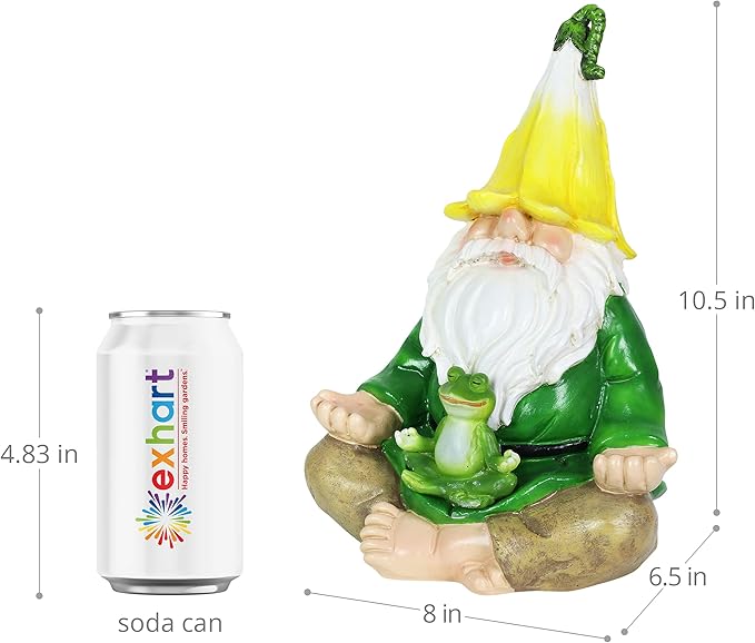 Exhart Solar Light-Up Meditating Gnome Statue w/LED Frog, Durable Resin Garden Décor, 8”x6.5”x10.5”-Ruum Studio Home
