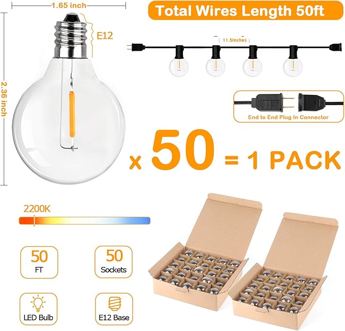 50FT LED G40 Globe String Lights, Shatterproof Outdoor Patio String Lights with 50+2 Dimmable Edison Bulbs, 50 Backyard Hanging Bistro Light Waterproof for Balcony Party Wedding Market Cafe-Ruum Studio Home