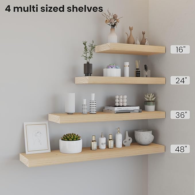Natural Wood Floating Shelves 24”x 8”x 1.4” Book Shelf Floating for Wall Mounted, Heavy Duty Shelf Hold 60 lbs, Unfinished Wall Shelves for Bathroom, Living Room, Kitchen, Bedroom, Office-Ruum Studio Home