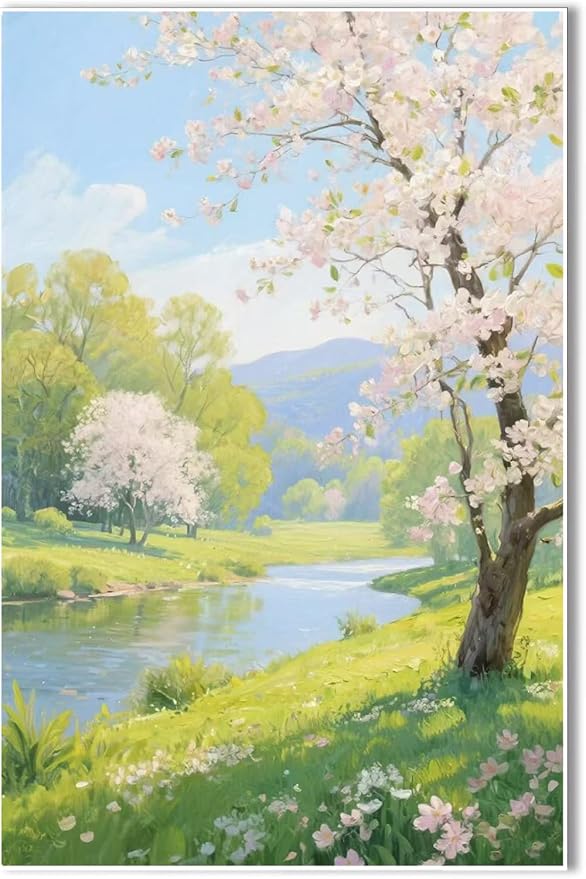 The scenery of a stream between trees and cherry blossoms under the blue sky is suitable for posting in the living room bedroom office landscape posters-Ruum Studio Home