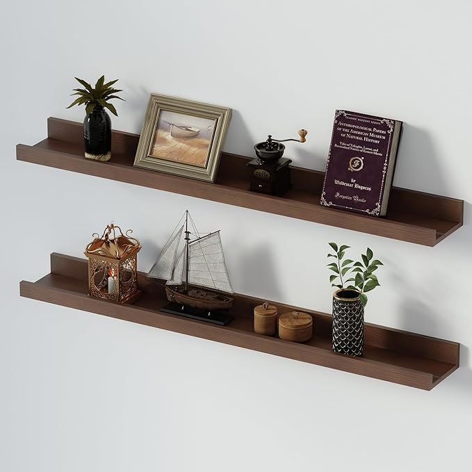 SAUMONIERES Picture Ledge Shelf Floating Book Shelves Set of 2 Wall Mounted Solid Wood for Bedroom Bathroom Living Room Kitchen, 36 Inch Walnut-Ruum Studio Home