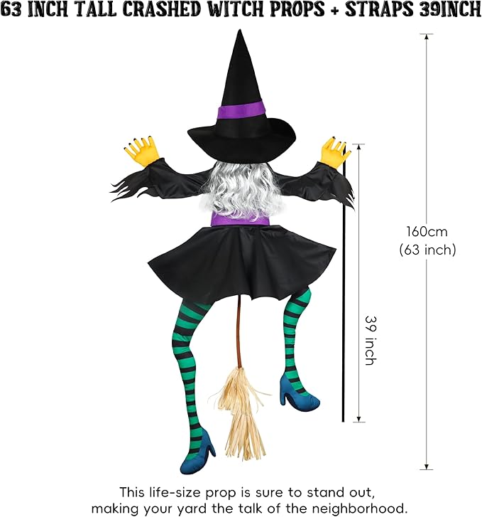 POPGIFTU 63" Crashing Witch Halloween Decoration – Flying Witch on Broom Into Tree Outdoor Yard Prop for Porch, Lawn, Garden, Pillars, Door, or Haunted House Decor-Ruum Studio Home